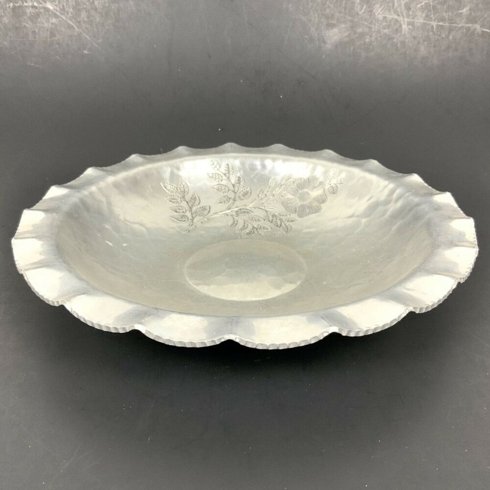 Trade Continental Hand Wrought Hammered Aluminum Bowl 714 Floral Design 1950s